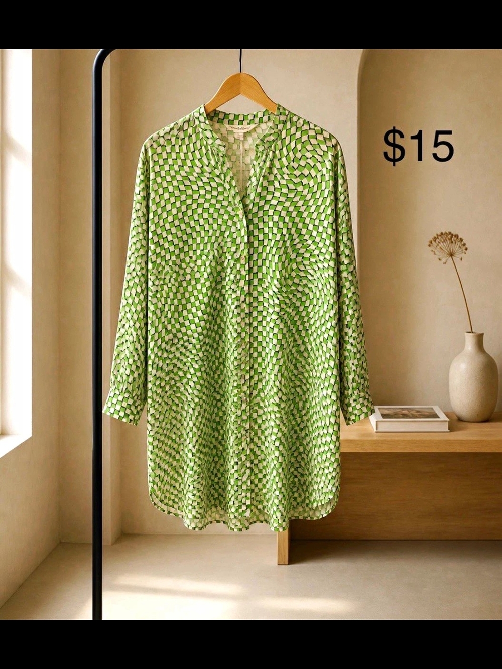 Davi & Dani Green/White Geometric V-Neck Long Sleeve Shirt Dress Short Size L